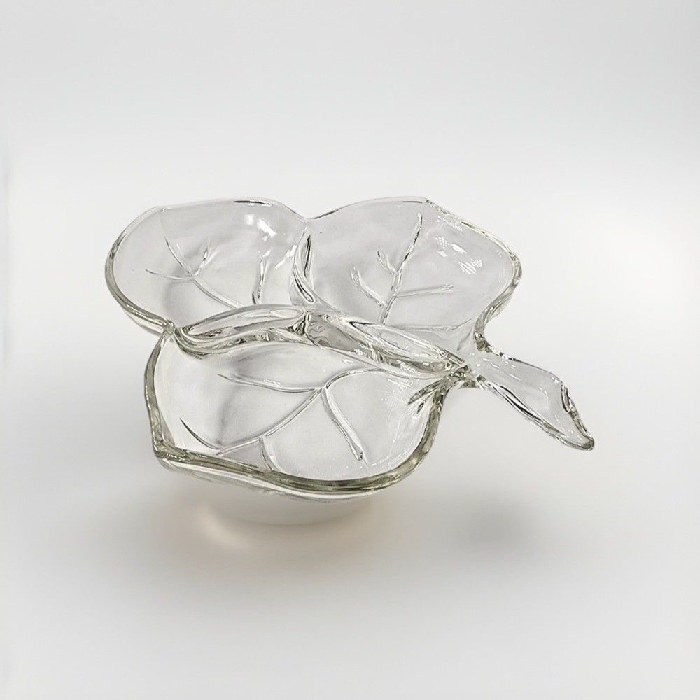 Vintage Hazel Atlas Leaf Shaped 3 Part Relish Divided Dish Nut Candy Clear Glass